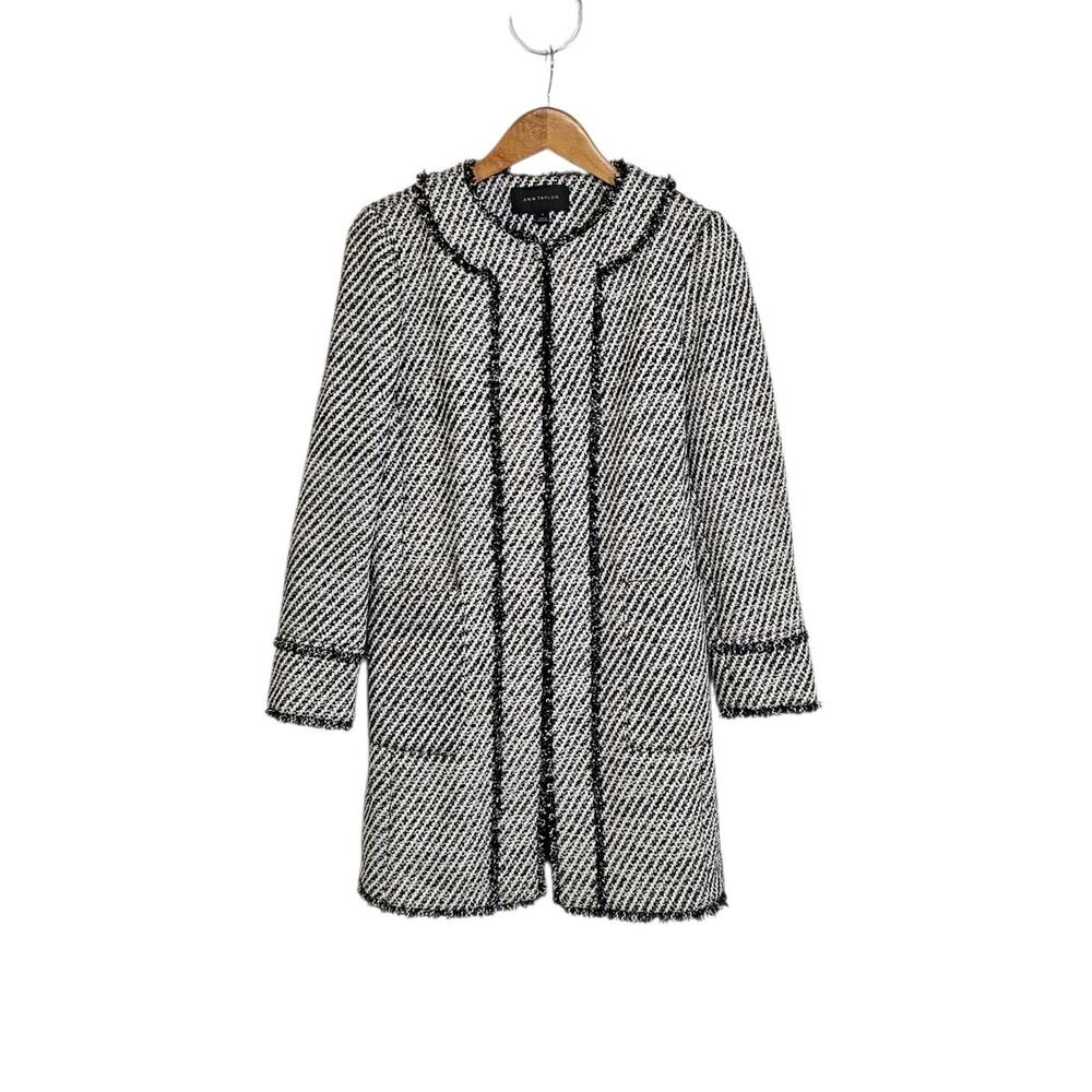 Ann Taylor Black White Silver Striped Tweed Round Neck Lined Dress Coat Medium